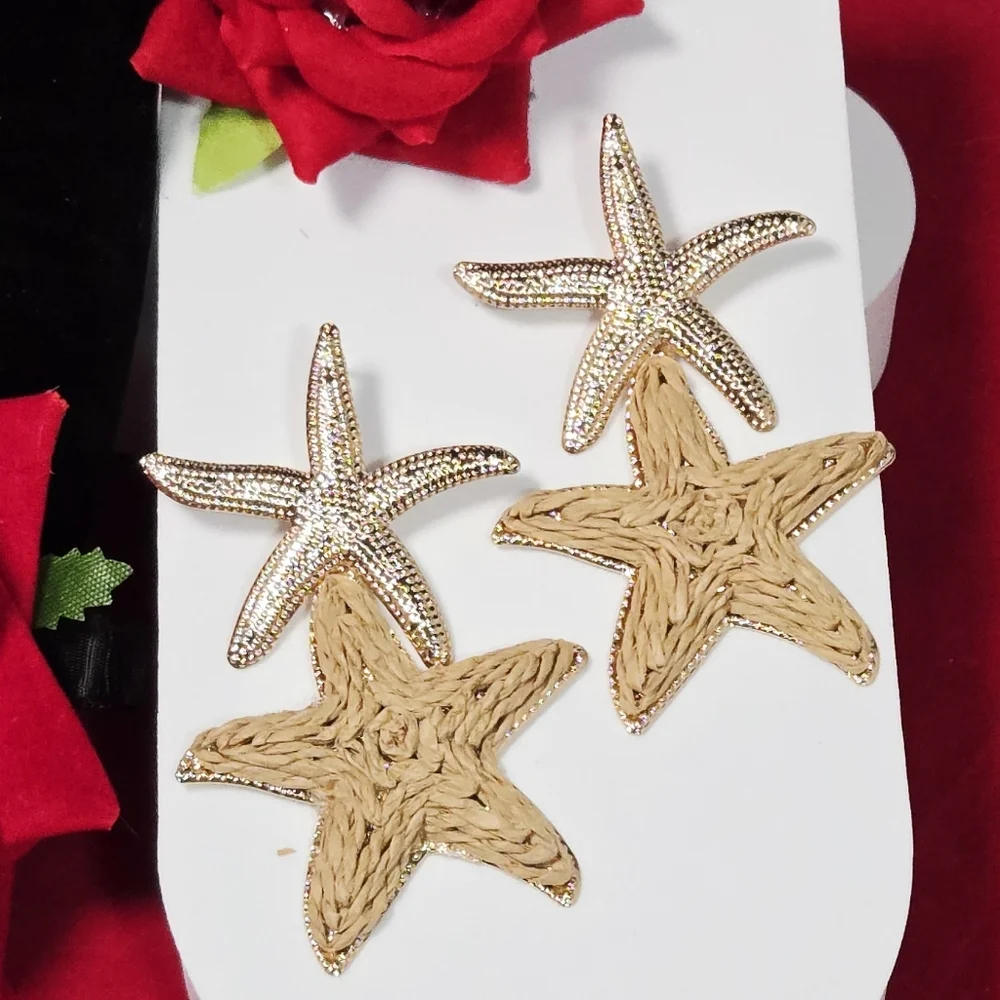 Gold Raffia Starfish Earrings Coastal Resort Statement Dangles Euro Summer Chic